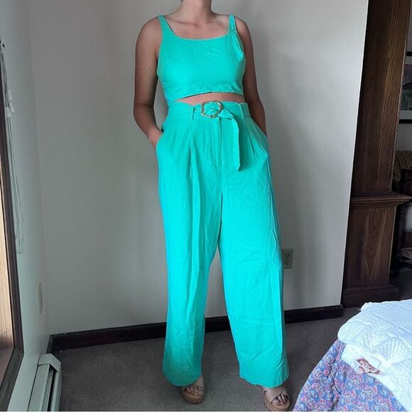 House of Harlow Women's Two Piece Seafoam Green Linen Jumpsuit with Belt Size L - Picture 1 of 14